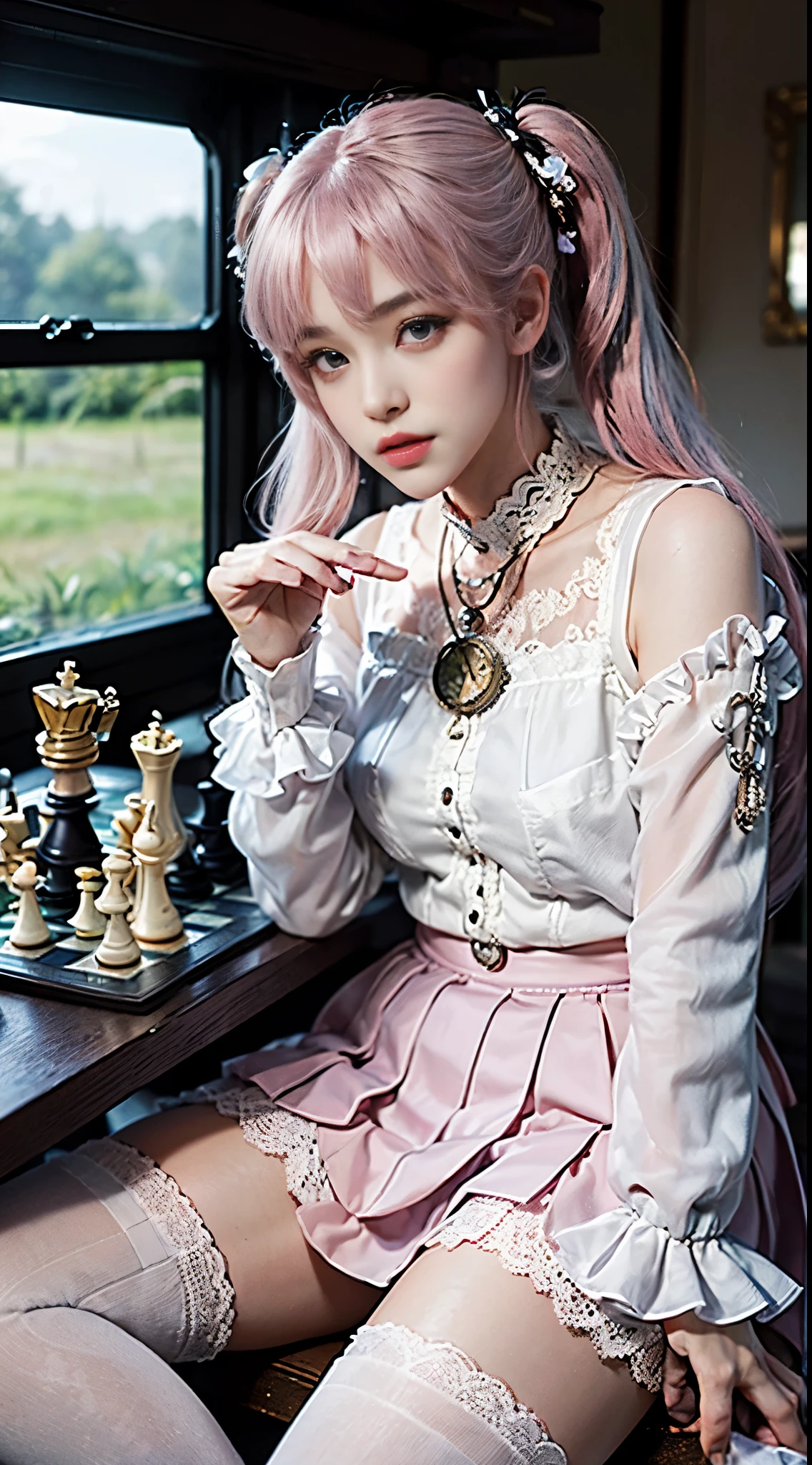 One woman, 14 years old, (((pastel tuxedo suit with lace, frills and chiffon))), (((flared mini skirt))), (((pink hair))), (((thick bangs))), (((princess cut))), (((twin-tail, twin drill))), (((black lace knee-high socks))), (((pocket watch, afternoon tea, chess))), very deep depth of field, dramatic and very dark cinematic lighting, round face, very large jewel-like dark grey eyes, long eyelashes, thin nose, small mouth, very thin lips, no makeup, clear skin without blemishes, slender body, (((very realistic photos))), (((16K, high resolution))), (((UHD))), (((top quality))), (((masterpiece))), (((super detail))), (((anatomically correct))).