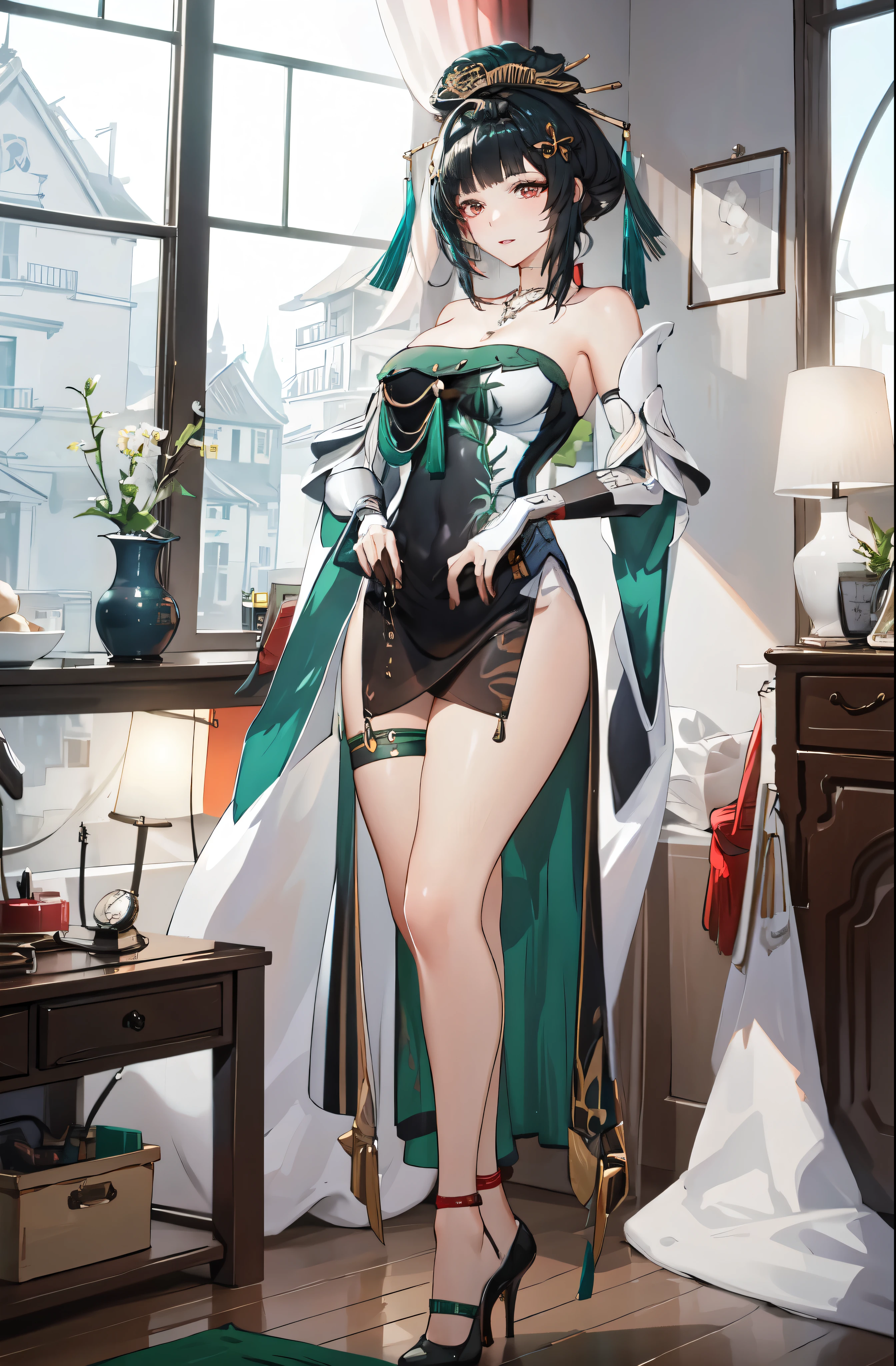 masterpiece, best quality BREAK solo, china dress, highres, Super detailed, very detailed, highest quality, best quality, super detailed, 1girl, standing, (large breasts), mature female, hanying, Full body drawing, (masterpiece), (best quality), (hyperdetail), (illustration), ((extremely delicate and beautiful)), (detailed light), (prefect's body), full body drawing, Hanying, HanYing, sexy, sexy belly, sexy belly line, sexy belly button