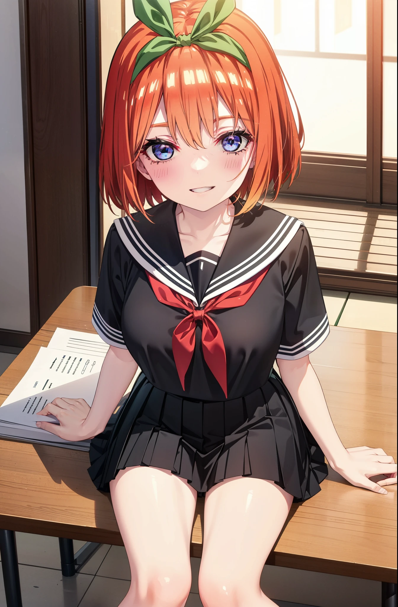 yotsubanakano, yotsuba nakano, bangs, short hair, blue eyes, Hair between the eyes, hair ribbon, hair band, Orange Hair, (Red ribbon:1.5), smile, Grin,Big Breasts,Japanese schoolgirl(Black Sailor Suit),Short sleeve,Black pleated skirt,White tights,Brown Loafers,Daytime,Clear skies,Sitting at a desk,whole bodyがイラストに入るように,Looking down from above,
break indoors, School,Big Breasts,
break looking at viewer, whole body,
break (masterpiece:1.2), highest quality, High resolution, unity 8k wallpaper, (shape:0.8), (Beautiful details:1.6), Highly detailed face, Perfect lighting, Extremely detailed CG, (Perfect hands, Perfect Anatomy),