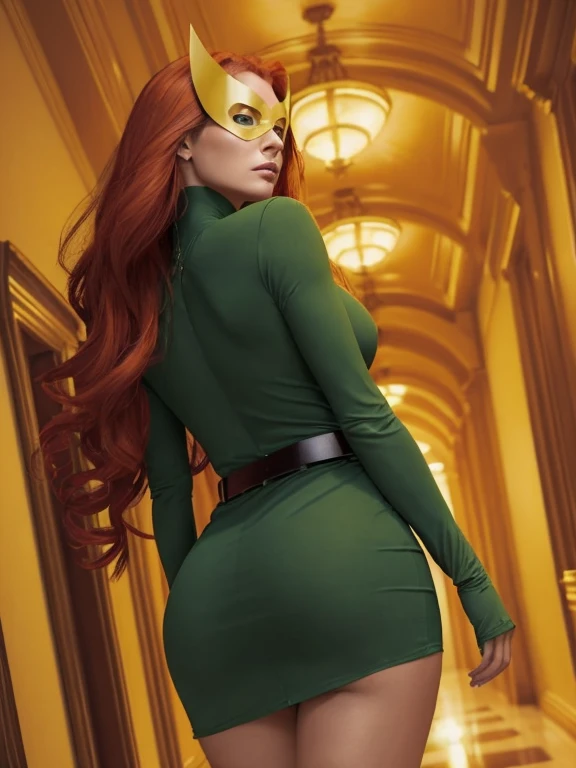 beautiful, (masterpiece:1.2), (best quality:1.2), vibrant, perfect face,pov, from behind, low angle, 1girl, jean-grey, mask, green dress, belt, thigh highs, ass, looking over shoulder, foreshortening, depth, mansion hallway