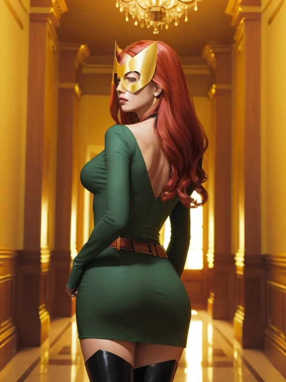 beautiful, (masterpiece:1.2), (best quality:1.2), vibrant, perfect face,pov, from behind, low angle, 1girl, jean-grey, mask, green dress, belt, thigh highs, ass, looking over shoulder, foreshortening, depth, mansion hallway
