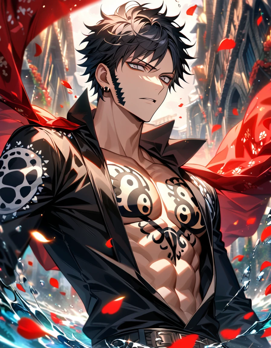 Ultra detailed, HDR, Highres, absurdres, master piece, Trafalgar D Water Law, black hair, expressive silver eyes, black clothes with patterns, One Piece, red glittering butterflies, red ice, petals, red ice roses, sexy man, solo, extremely detailed face and eyes, handsome, glittering, water, toned chest