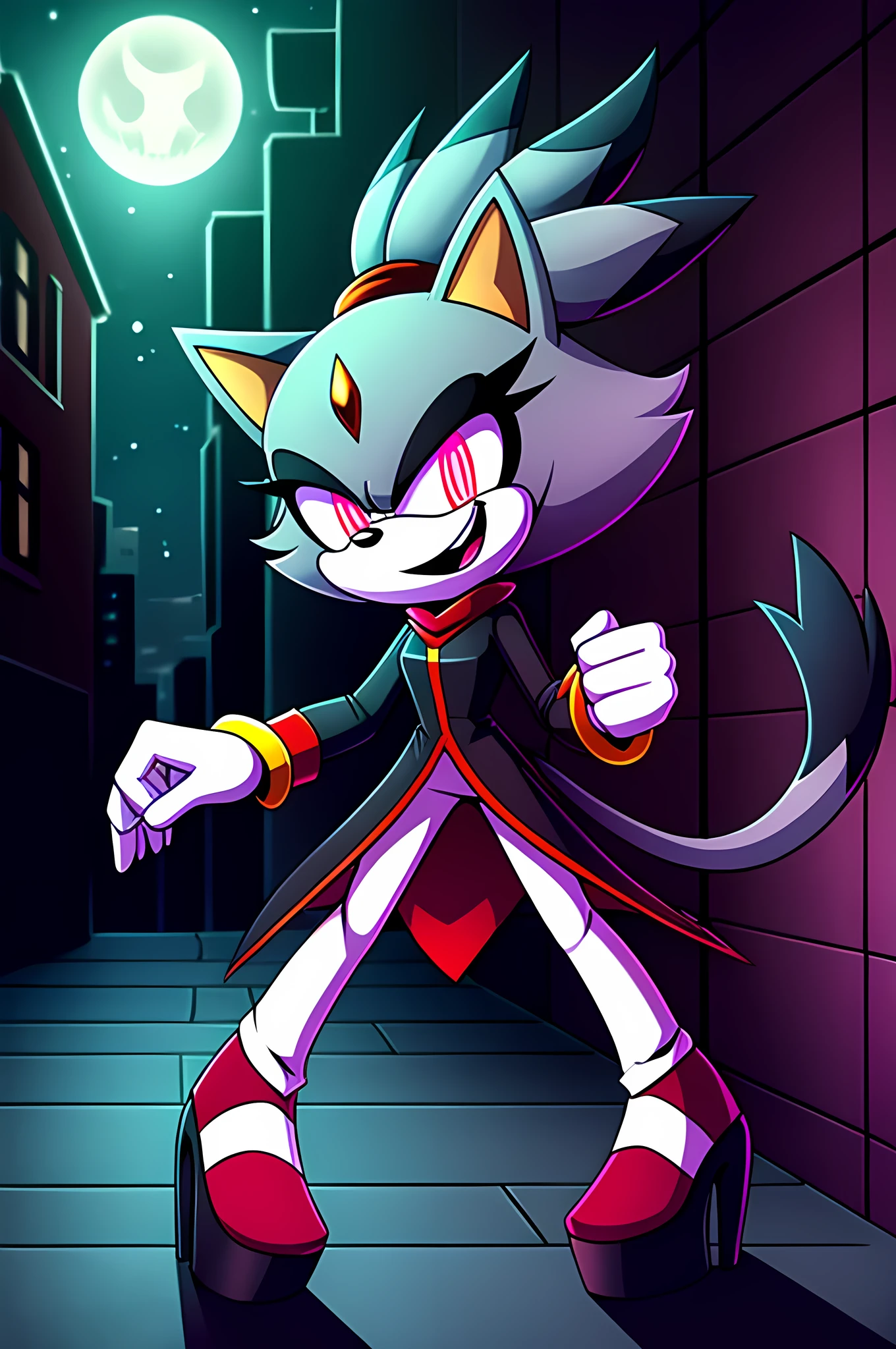 (((masterpiece))), High quality, studio quality, digital art, solo character, mobian, in the style of Sonic the Hedgehog, fluffy and wispy grey fur, female cat demon, intimidating height, very skinny legs, skinny body, ponytail that sticks straight up, wearing a plain grey coat with coattails, long coattails, white leggings, black high heels, big evil grin, malicious smile, evil delight, evil laughter, reveling in evil laughter, throwing head back, villainous stance, triumphant pose, long fluffy tail, long wispy tail, black eyes with red glowing pupils, smoky atmosphere, in the back of a dark city alleyway, nighttime, graphic novel style art