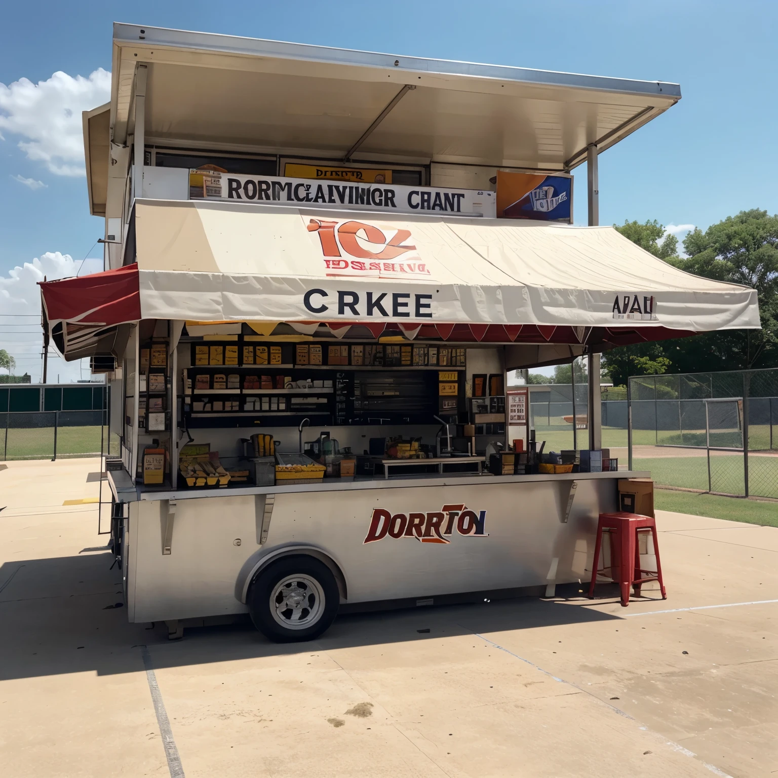 create a food stand that sells prepared corn and doritos without the word doritos in the stand of various flavors in an awning the stand is half large on a basketball court that is in a school