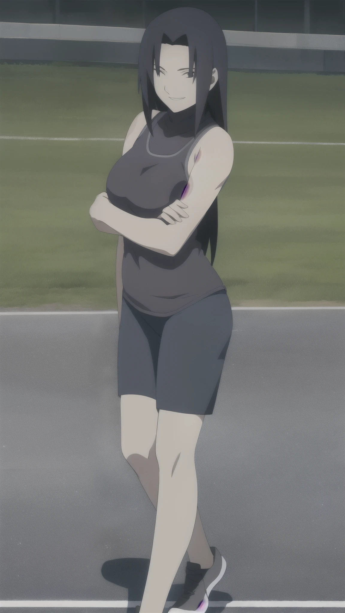 Mikoto Uchiha, beautiful woman runner, 22 years old, Get ready to run, Bend over to tie your shoelaces..........................., Long black hair, smile a little.................................., ((Wear a sleeveless sports hem........ ..................., turtleneck, black and blue shorts, (above the chest))) , The abdomen has sensual lines..........................., black running shoes, in the stadium stands, anime, high resolution, (busty), sexy ass, Beautiful thighs, (Underside of breasts uncovered),