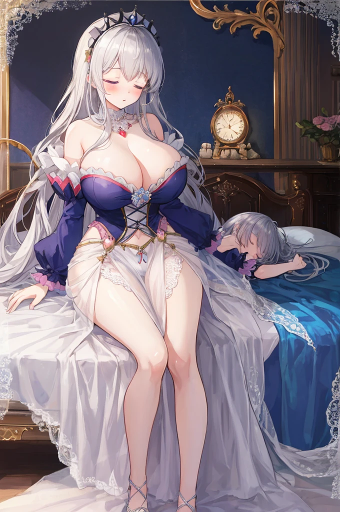 Fairy Tale Style,sleeping Beauty,A woman with big ,Beautiful princess,Silver long hair,Exquisite,(Super short),,Cleavawaist,pubic,blush,bedroom,