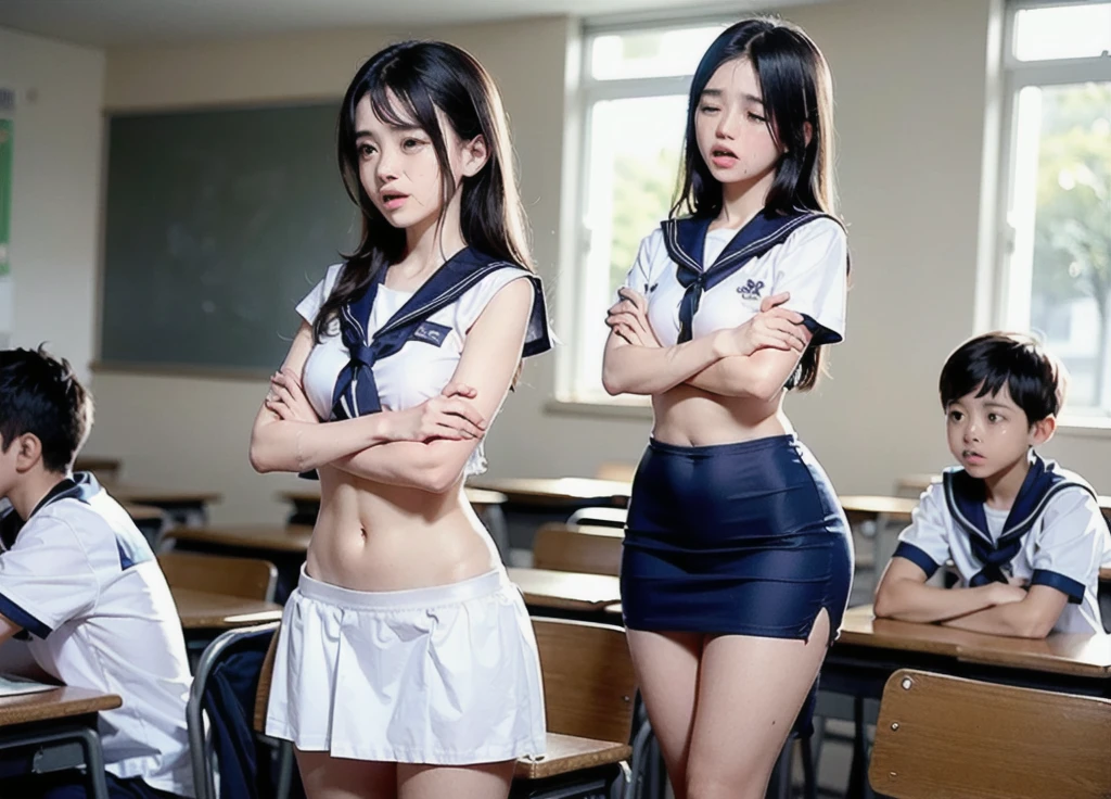 (Three Woman in front of classroom), ((kid teenager and adult)) , ((white crop top sailor suit)), blue student skirts, open navel, open belly, (show abdomen area), ((((arms crossed over chest)))), (((crying))), standing , (ready for punishment), (long shot)