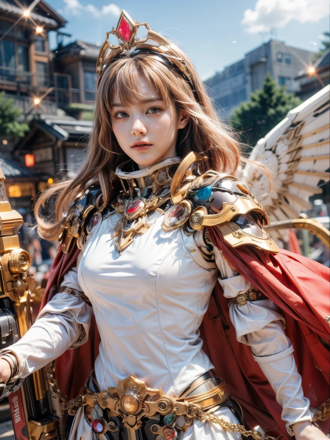 (top-quality:1.2, masterpiece)、ultra high resolution、extremely ultra surrealism, (Photorealsitic:1.4)、Raw photo、(Steampunk Battle Cyborg fallen angel)、(large mechanical bat wings)、black porcelain body、red  hair、glowy skin、1 Cyborg girl、(mechanical frame:1.3)japanese, extremely cute face,  ((super realistic details))、portrait、globalillumination、Shadow、octan render、8K、ultrasharp、character edge light、Details of complex ornaments、Acrylic Clear Cover、Sumerian details、Hydraulic cylinder、Small LED lamp、highly intricate detail、Realistic light、a purple eye、radiant eyes、Facing the camera、neon details、cowboy  shot、Futuristic headgear、About Cyberpunk