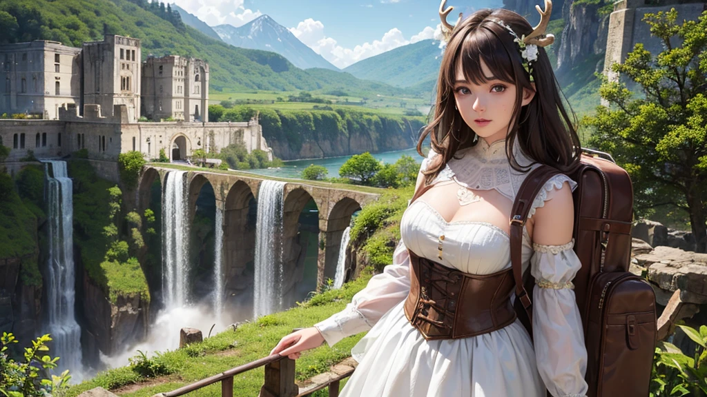 (superior quality) Young woman, beautiful face, brown hair, fair skin, blue eyes, long tousled hair, worn medieval garment, white dress, ruin, destroyed building, nature reclaiming its rights, greenery, foliage, waterfall, day, sun, ultra-detailed landscape, brown boot, mud, nature, backpack, detailed face, detailed eyes, white flowers, detailed character, bird, deer.