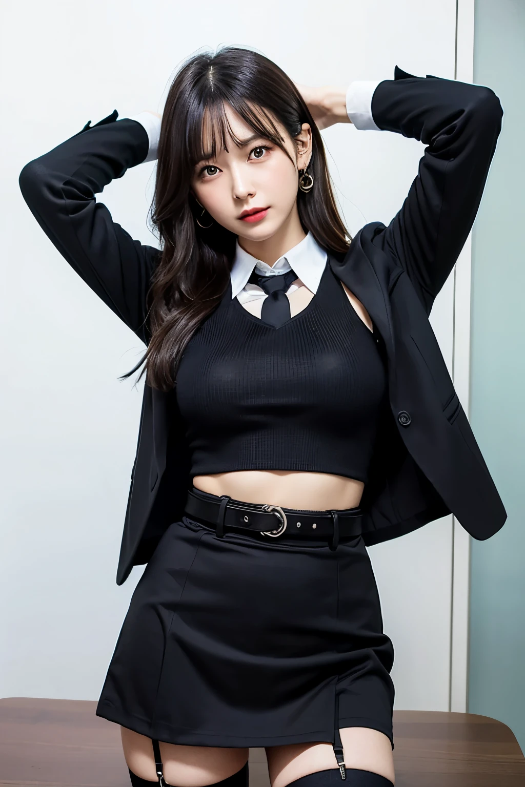 (Tabletop:1.2),high quality,Bright colors,Flat Color,The depth of the written world,Lens flare,1 girl,Black Hair,eye contact,suit,Collared shirt,Belt Bag,suspenders,Professional,office lady,Mature Woman,Black mini skirt　garter belt　Knee-length　stockings　Black They are not　カラコン Armpit sweat　sweating　Sides of both hands,Black jacket,sight,Ample breasts,Armpit sweat,Exposing your armpits"Tight fitting clothes
