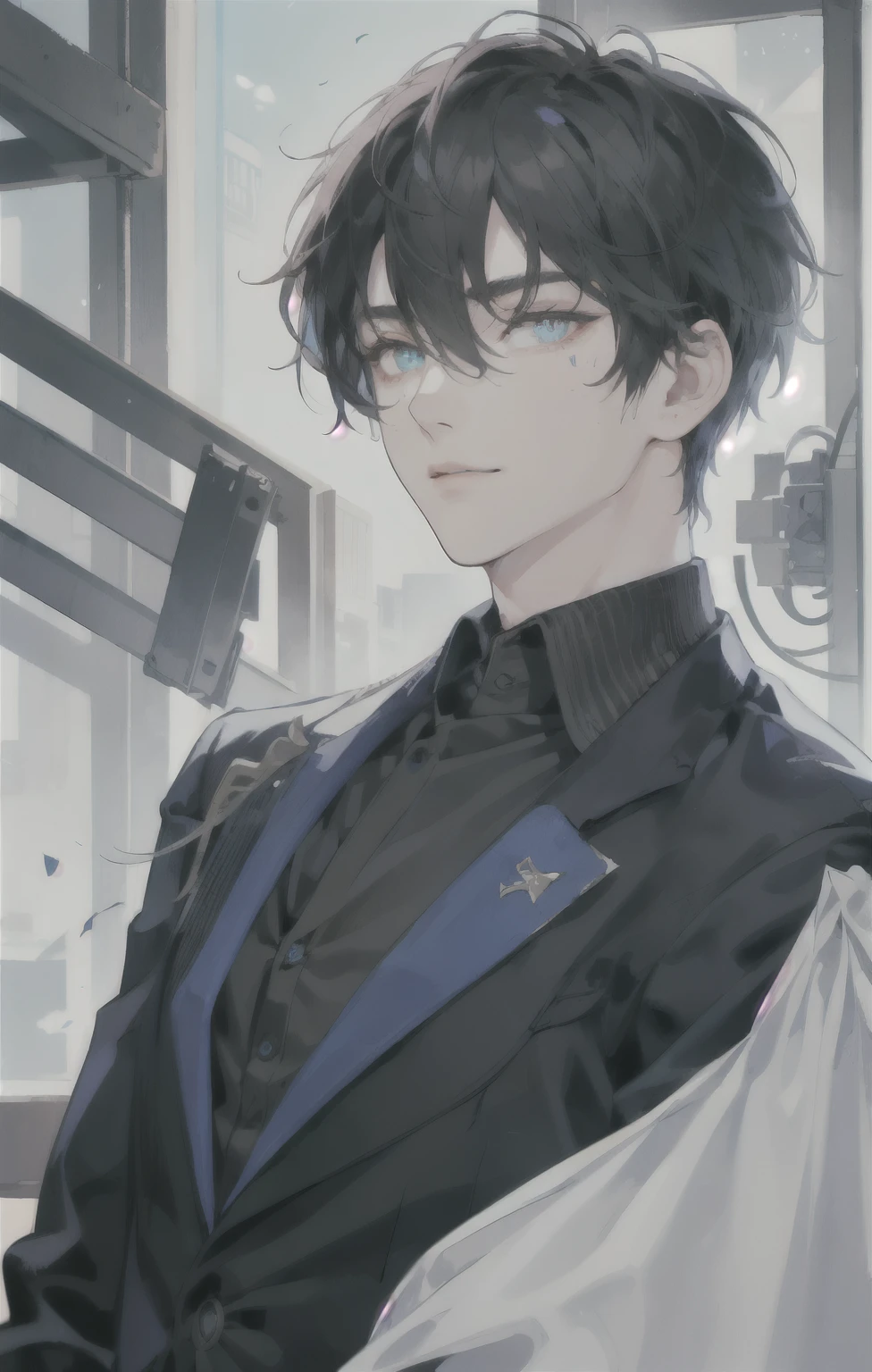 masterpiece, best quality, ultra detailed, (solo man), (male focus), ((young adult man)), ((Oblong face)), ((Square jawline)), black hair, (((hairs between eyes))), ((shoulder length)), ((narrow blue eye)), fair skin, skinny body, beauty mark, ((business suit))
