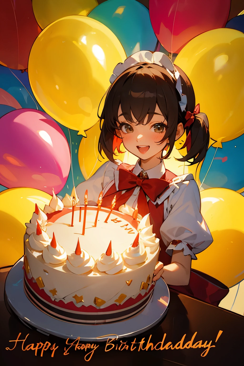 (Masterpiece, best quality)
(detailed light), (an extremely delicate and beautiful), volume light, best shadow, flash, Depth of field, dynamic angle, Oily skin
upper body, 1 Girl on her birthday, extremely detailed big birthday cake,
Colorful ta dresses, lots of pretty ruffles, red bows, headbands,
Make a wish
Beautiful elegant room, lots of streamers, balloon
BREAK
Happy Birthday Song:
Happy birthday to you
Happy birthday to you
Happy birthday, happy birthday
Happy birthday to you