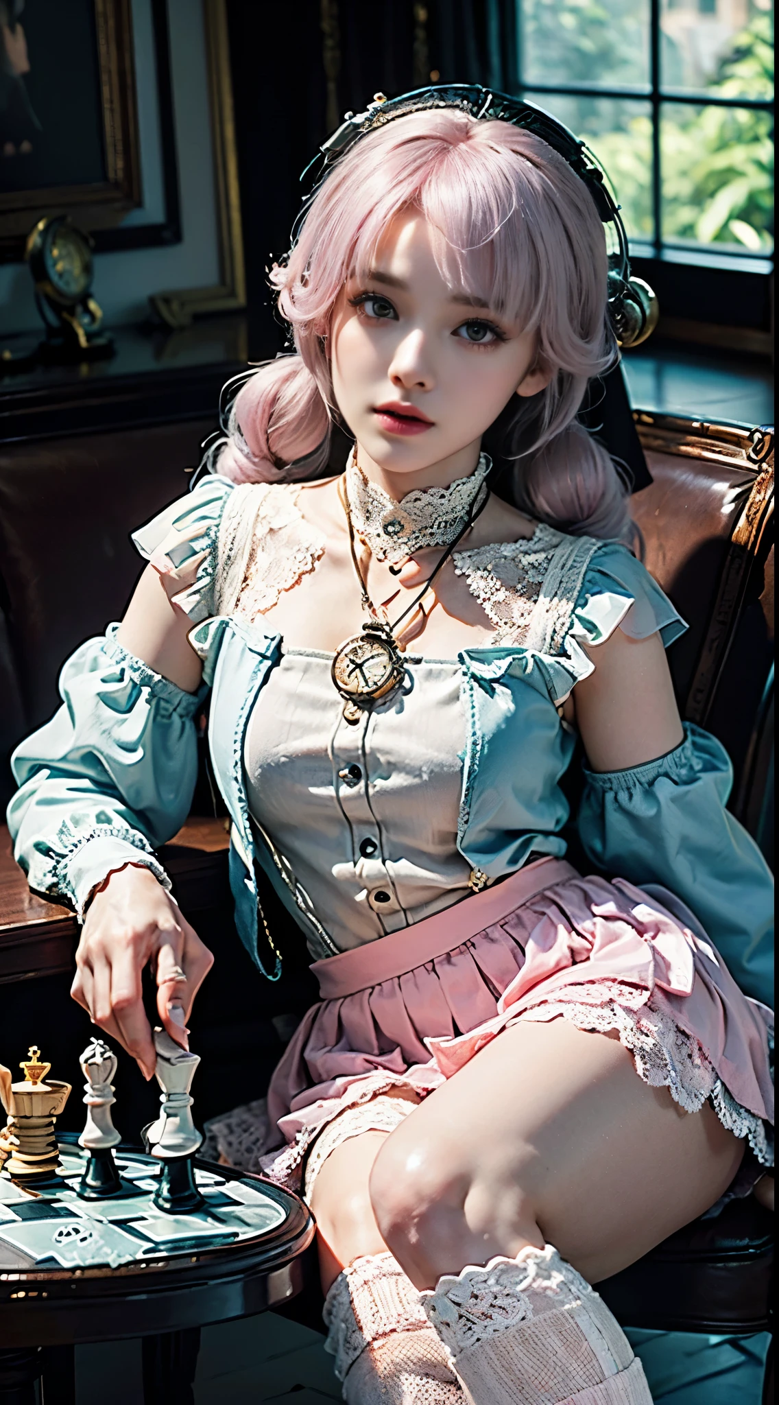 One woman, 14 years old, (((pastel tuxedo suit with lace, frills and chiffon))), (((flared mini skirt))), (((pink hair))), (((thick bangs))), (((princess cut))), (((twin-tail, twin drill))), (((black lace knee-high socks))), (((pocket watch, afternoon tea, chess))), very deep depth of field, dramatic and very dark cinematic lighting, round face, very large jewel-like dark grey eyes, long eyelashes, thin nose, small mouth, very thin lips, no makeup, clear skin without blemishes, slender body, (((very realistic photos))), (((16K, high resolution))), (((UHD))), (((top quality))), (((masterpiece))), (((super detail))), (((anatomically correct))).