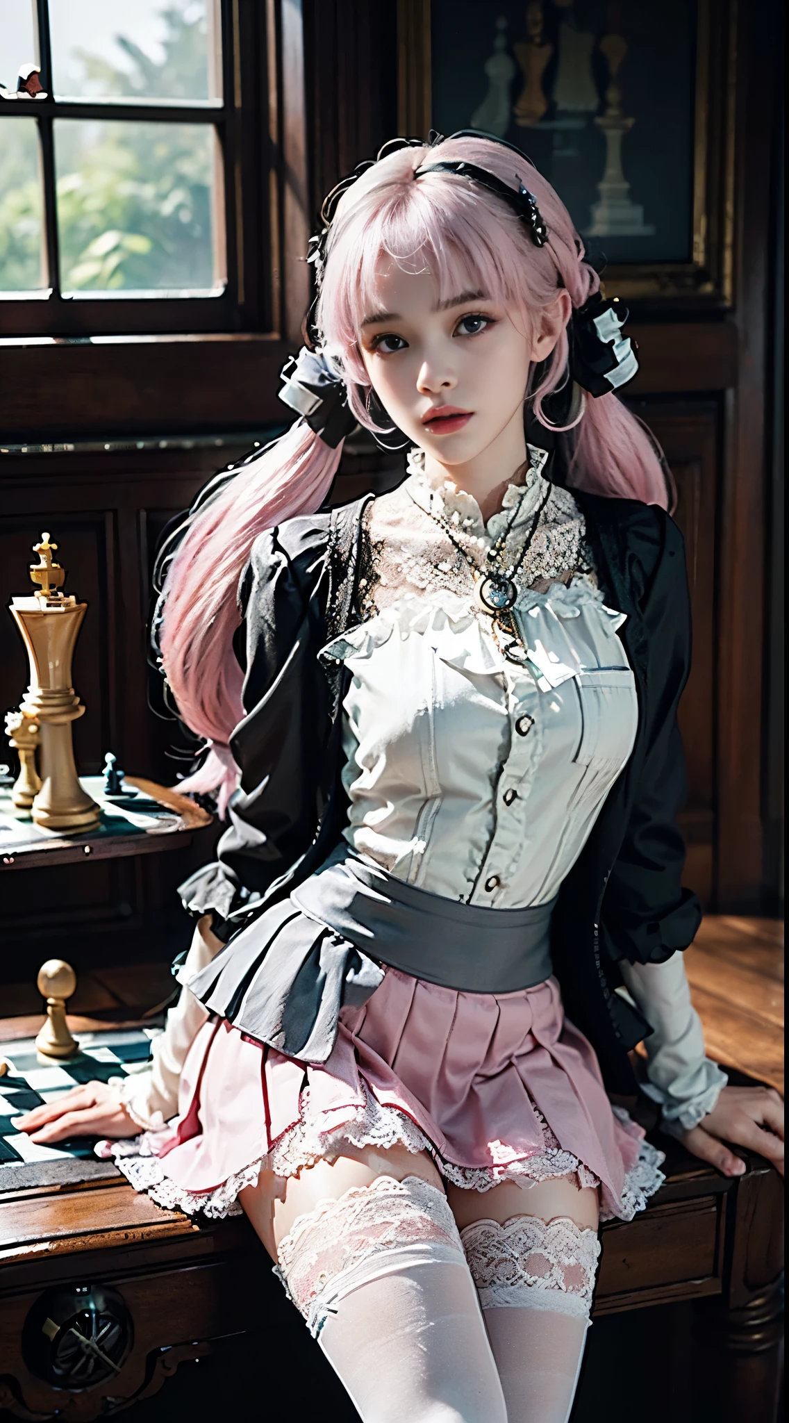 One woman, , (((pastel tuxedo suit with lace, frills and chiffon))), (((flared mini skirt))), (((pink hair))), (((thick bangs))), (((princess cut))), (((twin-tail, twin drill))), (((black lace knee-high socks))), (((pocket watch, afternoon tea, chess))), very deep depth of field, dramatic and very dark cinematic lighting, round face, very large jewel-like dark grey eyes, long eyelashes, thin nose, small mouth, very thin lips, no makeup, clear skin without blemishes, slender body, (((very realistic photos))), (((16K, high resolution))), (((UHD))), (((top quality))), (((masterpiece))), (((super detail))), (((anatomically correct))).