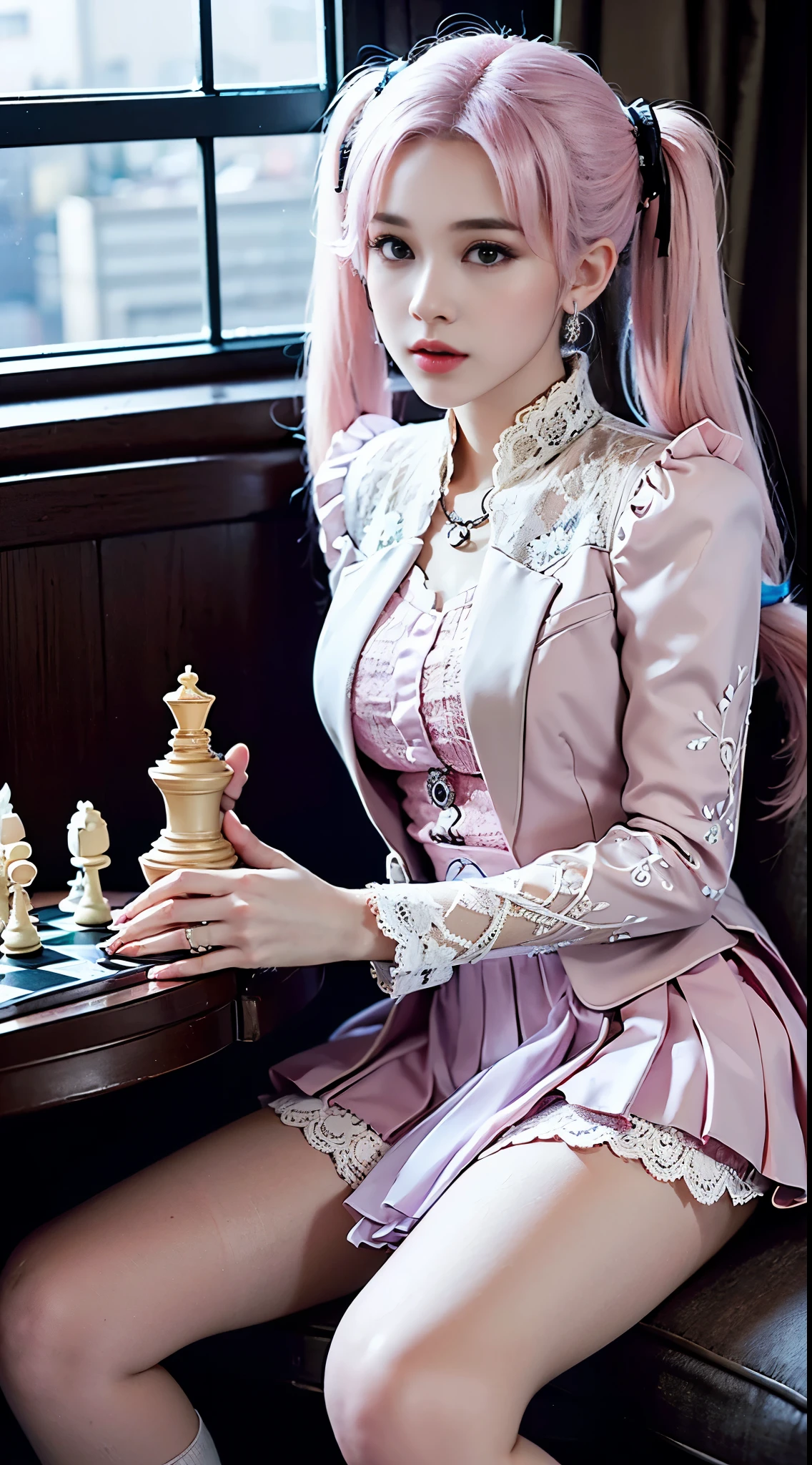 One woman, 14 years old, (((pastel tuxedo suit with lace, frills and chiffon))), (((flared mini skirt))), (((pink hair))), (((thick bangs))), (((princess cut))), (((twin-tail, twin drill))), (((black lace knee-high socks))), (((pocket watch, afternoon tea, chess))), very deep depth of field, dramatic and very dark cinematic lighting, round face, very large jewel-like dark grey eyes, long eyelashes, thin nose, small mouth, very thin lips, no makeup, clear skin without blemishes, slender body, (((very realistic photos))), (((16K, high resolution))), (((UHD))), (((top quality))), (((masterpiece))), (((super detail))), (((anatomically correct))).