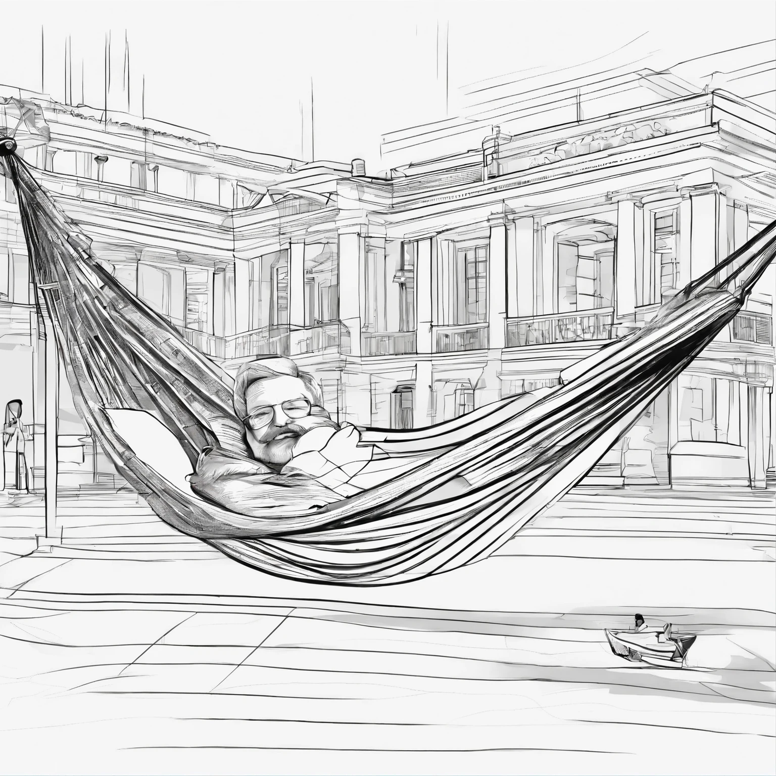 old man lying in a hammock, in a city square... several people around, - black and white sketch