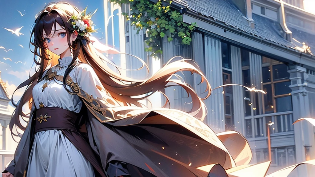 (superior quality) Young woman, beautiful face, brown hair, fair skin, blue eyes, long tousled hair, worn medieval garment, white dress, ruin, destroyed building, nature reclaiming its rights, greenery, foliage, waterfall, day, sun, ultra-detailed landscape, brown boot, mud, nature, backpack, detailed face, detailed eyes, white flowers, detailed character, bird, deer.
