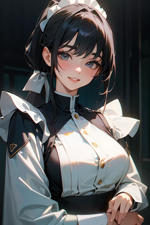 (Highest Resolution, clear_image) highest quality, Single person, One Woman, alone, masterpiece, Very detailed, Semi-realistic, Black Hairのショートヘア, Black Hair, bangs, 18-year-old, mature, light blue uniform, uniform, Indoor Background, kind, Authoritative, Powerful, exquisite features, exquisite features、Eyelashes become longer、Showing teeth、smile😀、Maid clothes、ponytail、