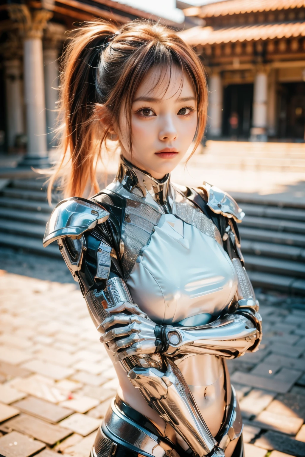 (top-quality:1.2, masterpiece)、ultra high resolution、extremely ultra surrealism, (Photorealsitic:1.4)、Raw photo、(Steampunk Battle Cyborg fallen angel)、(large mechanical bat wings)、black porcelain body、red hair、glowy skin、1 Cyborg girl、(mechanical frame:1.3)japanese, extremely cute face, ((super realistic details))、portrait、globalillumination、Shadow、octan render、8K、ultrasharp、character edge light、Details of complex ornaments、Acrylic Clear Cover、Sumerian details、Hydraulic cylinder、Small LED lamp、highly intricate detail、Realistic light、a purple eye、radiant eyes、Facing the camera、neon details、cowboy shot、Futuristic headgear、About Cyberpunk