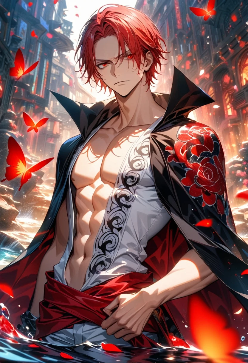 absurdres, highres, ultra detailed, HDR, master piece, best quality, Sasori, red hair, with bangs, short hair, expressive brown eyes, Naruto Shippuden, akatsuki, solo, sexy man, handsome, toned chest, black clothes, water, purple butterflies, purple flowers, petals