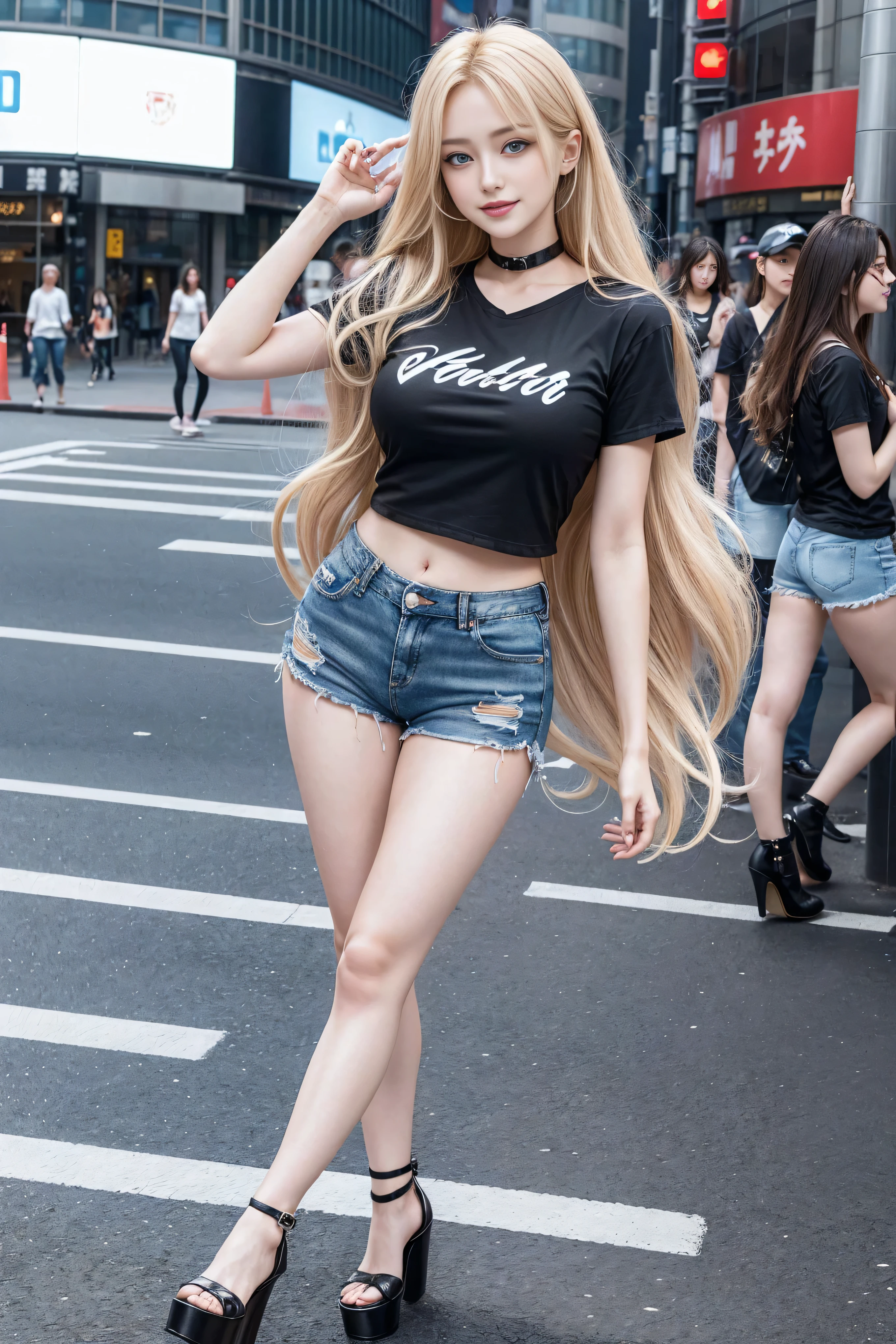 1 girl, (blue eyes), (They are smiling), (In the name of Mina), Wide hips, tetas Large targets, Large target, (Best quality, 8K, masterpiece: 1.3), Perfect hands, Clear focus: 1.2, Perfect body beauty: 1.4, Slim abs: 1.2, Highly detailed face and skin textures, delicate eyes, Double eyelids, (Long blond hair), (Black collar T-shirt), (Denim shorts :1.1), (High heel :1.3), permanent, Dynamic poses, Background Tokyo Shibuya Crossing.