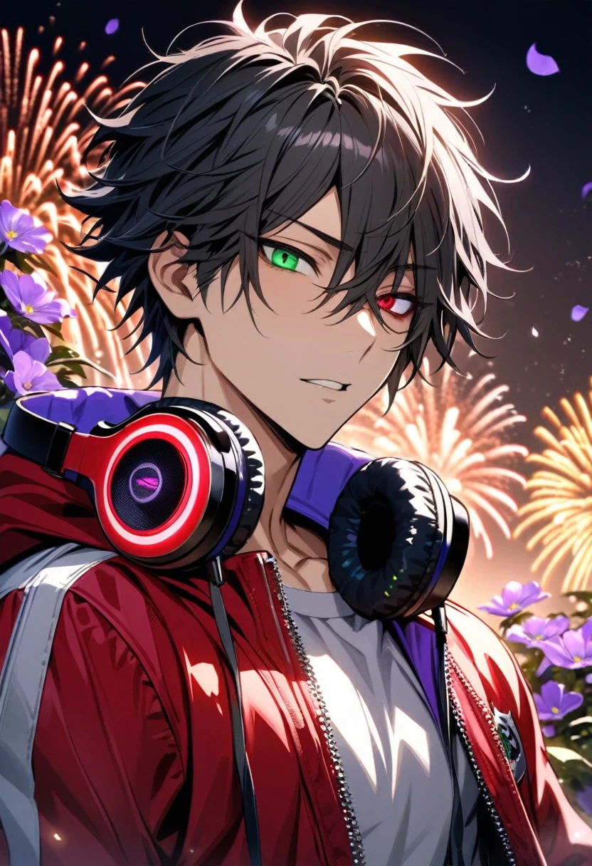 absurdres, highres, ultra detailed, HDR, master piece, best quality, extremely detailed face and eyes, Yamada Ichiro, chin length black hair, Hypnosis Mic, heterochromia, right eye is red, left eye is green, a white hoodie with two zippers, red varsity jacket, red headphones around his neck, solo, sexy man, toned chest, handsome, fireworks, purple fireflies, purple flowers, petals 