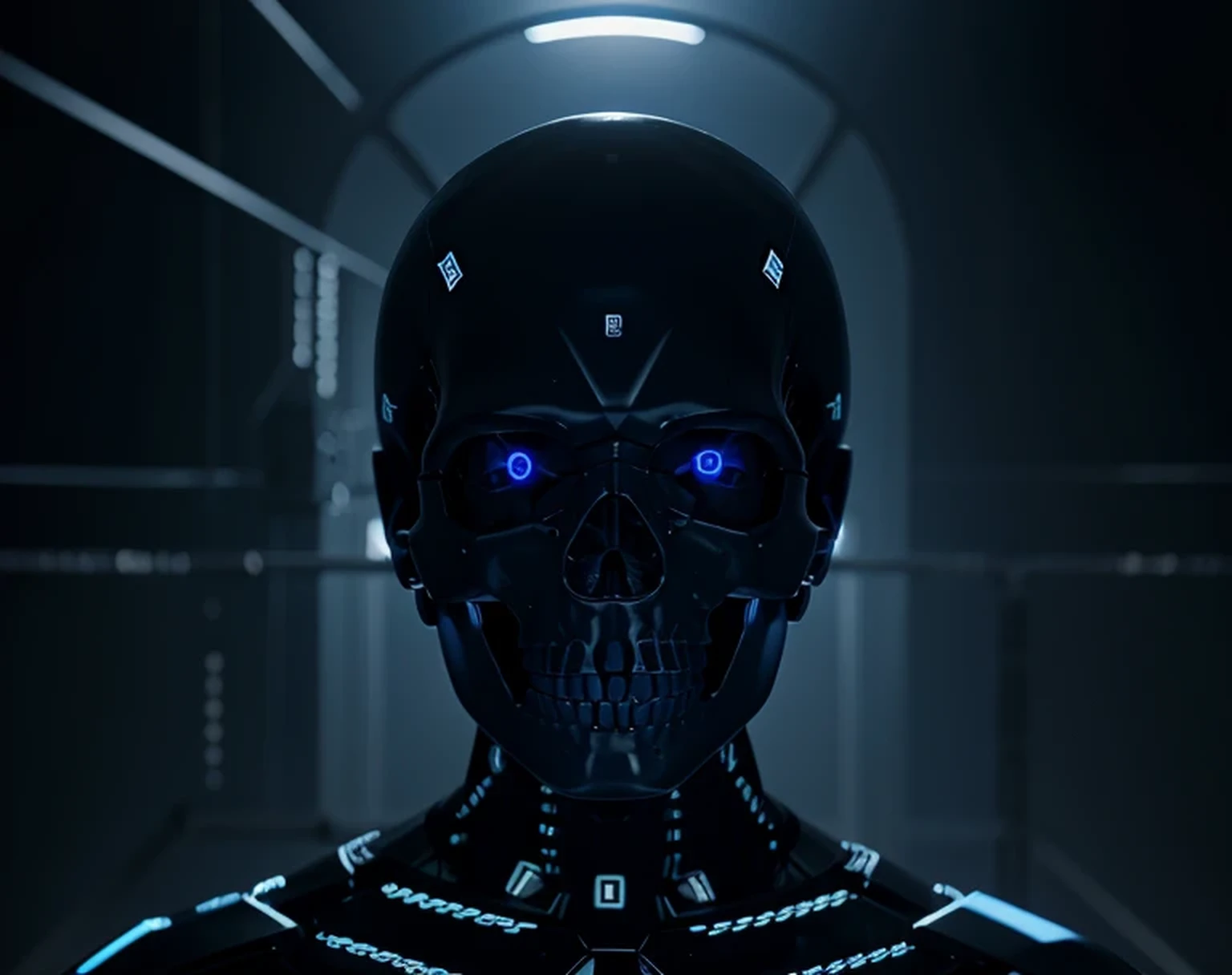 human skull blurred in cyberspace blue black eyes digital computing made of binary numbers, blue latex skin, binary numbers, 4k