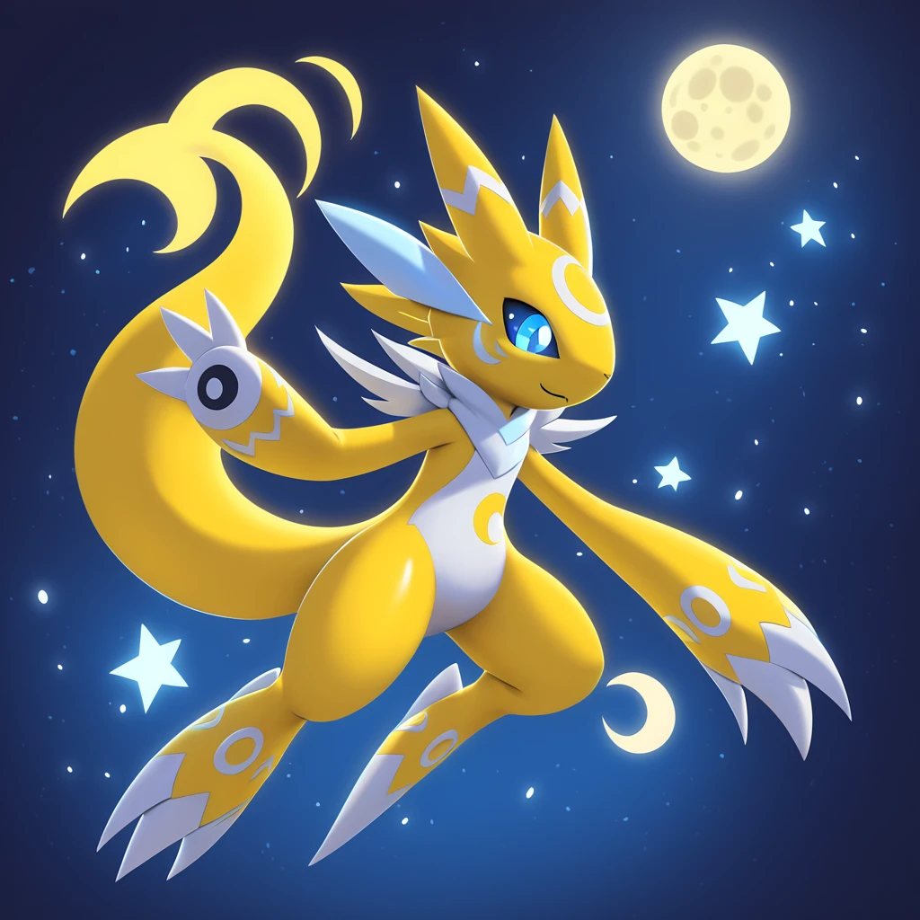 A nocturnal digimon who's existence is said to be close to a illusion as it avoids notice and is swift and speedy, colors are primarily bright yellow with blue eyes, background moon and stars night