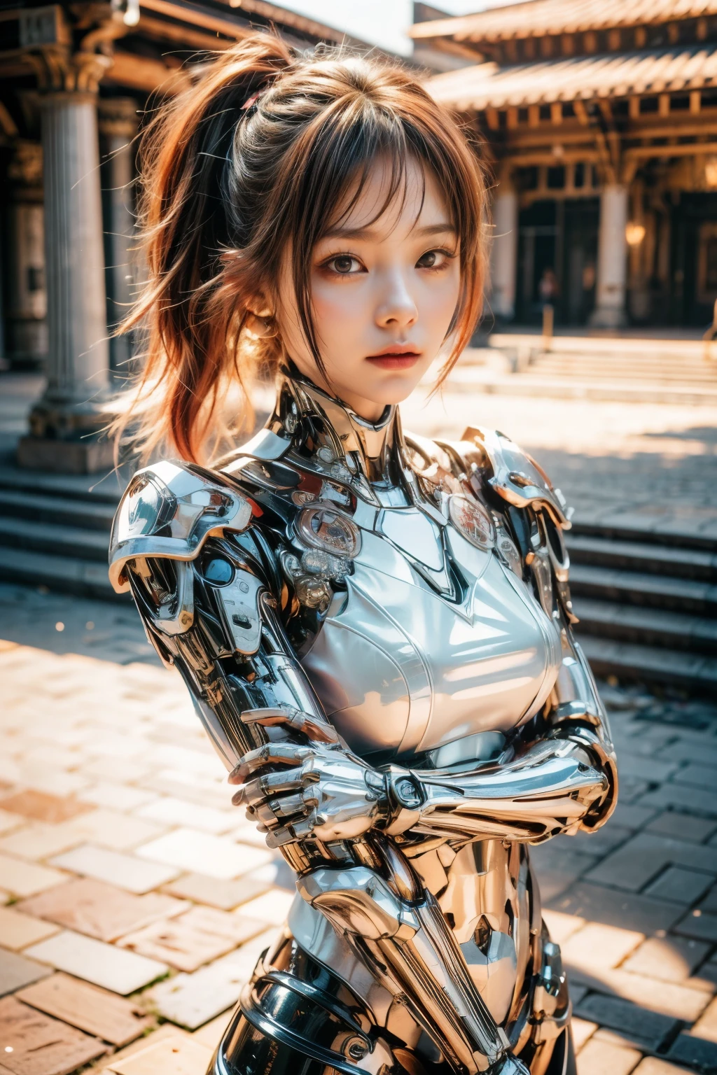 (top-quality:1.2, masterpiece)、ultra high resolution、extremely ultra surrealism, (Photorealsitic:1.4)、Raw photo、(Steampunk Battle Cyborg fallen angel)、(large mechanical bat wings)、black porcelain body、red hair、glowy skin、1 Cyborg girl、(mechanical frame:1.3)japanese, extremely cute face, ((super realistic details))、portrait、globalillumination、Shadow、octan render、8K、ultrasharp、character edge light、Details of complex ornaments、Acrylic Clear Cover、Sumerian details、Hydraulic cylinder、Small LED lamp、highly intricate detail、Realistic light、a purple eye、radiant eyes、Facing the camera、neon details、cowboy shot、Futuristic headgear、About Cyberpunk