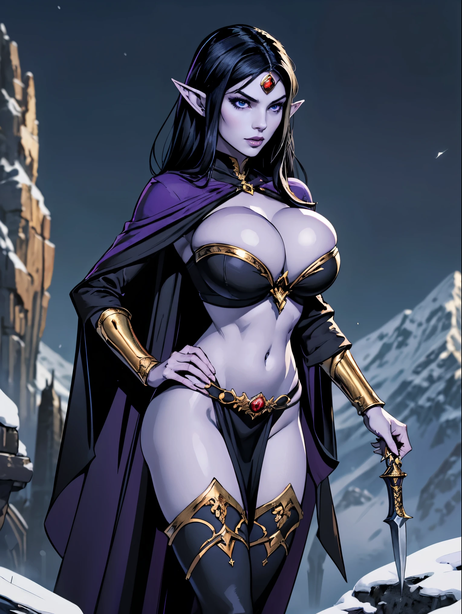 (masterpiece, top quality, best quality, official art, beautiful and aesthetic:1.2), (1girl:1.3), ((Sharp facial features, sharp features, hawkish features)), ((big hair, long elf ears, long black hair)), (((pale purple skin, pale blue skin, blue skin, purple skin))), big tiddy dark elf girl, extremely detailed, portrait, looking at viewer, solo, (full body:0.6), detailed background, full-body shot, (cold night mountain theme:1.1), dark elf war dancer, (spiky winged headdress), charlatan, smirk, mysterious, swaying in mountains, skimpy attire, revealing gladiatrix costume, ebony metal, gold filigree, gold bikini, circlet, metal bikini, long boots, dual knives, blood red fabric, pelvic curtain, loincloth, black leather, ((((gigantic breasts, cleavage, skindentation, long legs, pelvic curtain)))), cute belly button, toned tummy, slim waist, slim hips, long legs, medieval (mountain exterior:1.1) background, dark mysterious lighting, shadows, magical atmosphere, dutch angle