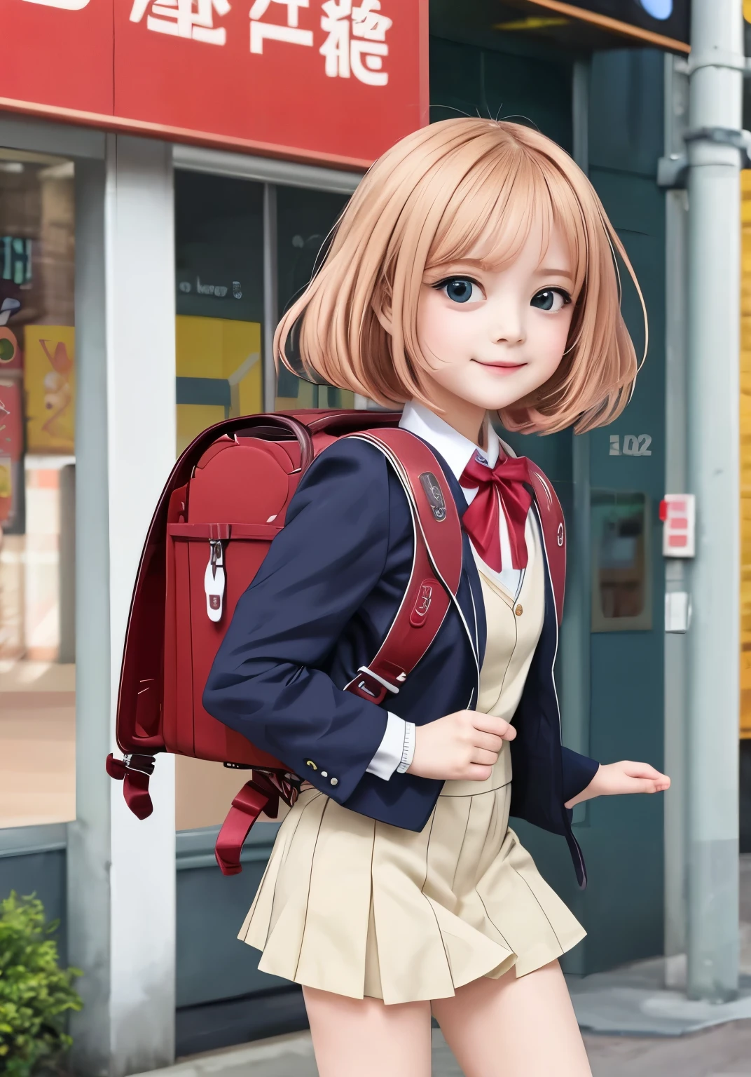 Masterpiece, hd, realistic, a girl with a backpack standing on the street in front of a building, (school backpack:1.2), anime moe artstyle, cute anime girl, anime visual of a cute girl, , young anime girl, smooth anime cg art, kantai collection style, school girl, made with anime painter studio, an anime girl,teen girl, 18 y.o, beautiful anime high school girl