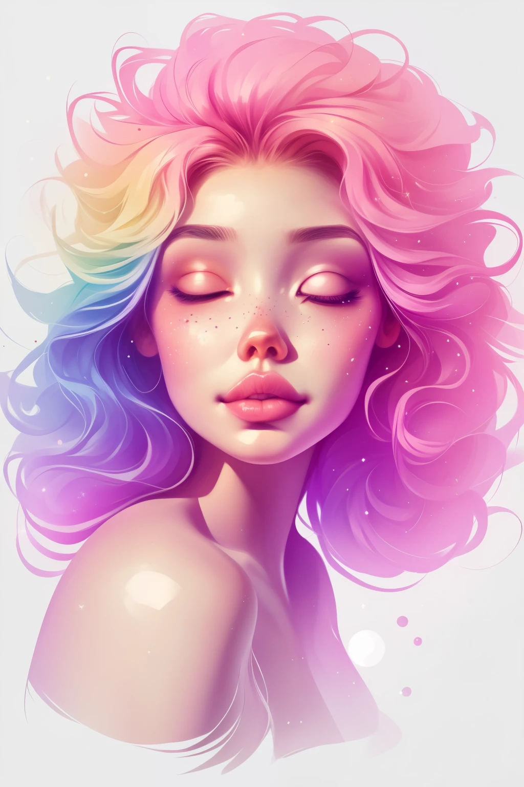 (This is a beautiful rainbow fantasy image that feels interesting and emphasizes glitter and iridescence.) Generate a ((blind)) curvy woman with colorful curly hair and milky white eyes. Her face is important and is perfectly formed with puffy lips and perfect features. (Her eyes are critically important and are (blank) and (solid white)). The image exudes ethereal beauty and soft fantasy. Include sweet and detailed birds and soft, luminous flowers in all the colors of the rainbow. The image's background is decorated in shades of pink, shimmer, glitter, and fantasy details like colored bubbles and cosmos. Utilize dynamic composition to create a compelling and action-packed image. Dramatic lighting and cinematic lighting enhance the woman's beauty and the soft colors in the artwork. (((((Perspective: head on.))))) Include fantasy, cute, colorful, colourful, interesting magic background, ((((blank eyes)))), ((((empty white eyes)))), (shirome eyes:1.3), (smirking), (perfectly rendered solid whiteeyes), ((birthmark on lip)), ((pretty lips)), beautiful background, complex background, sweet background, (((rainbow)))