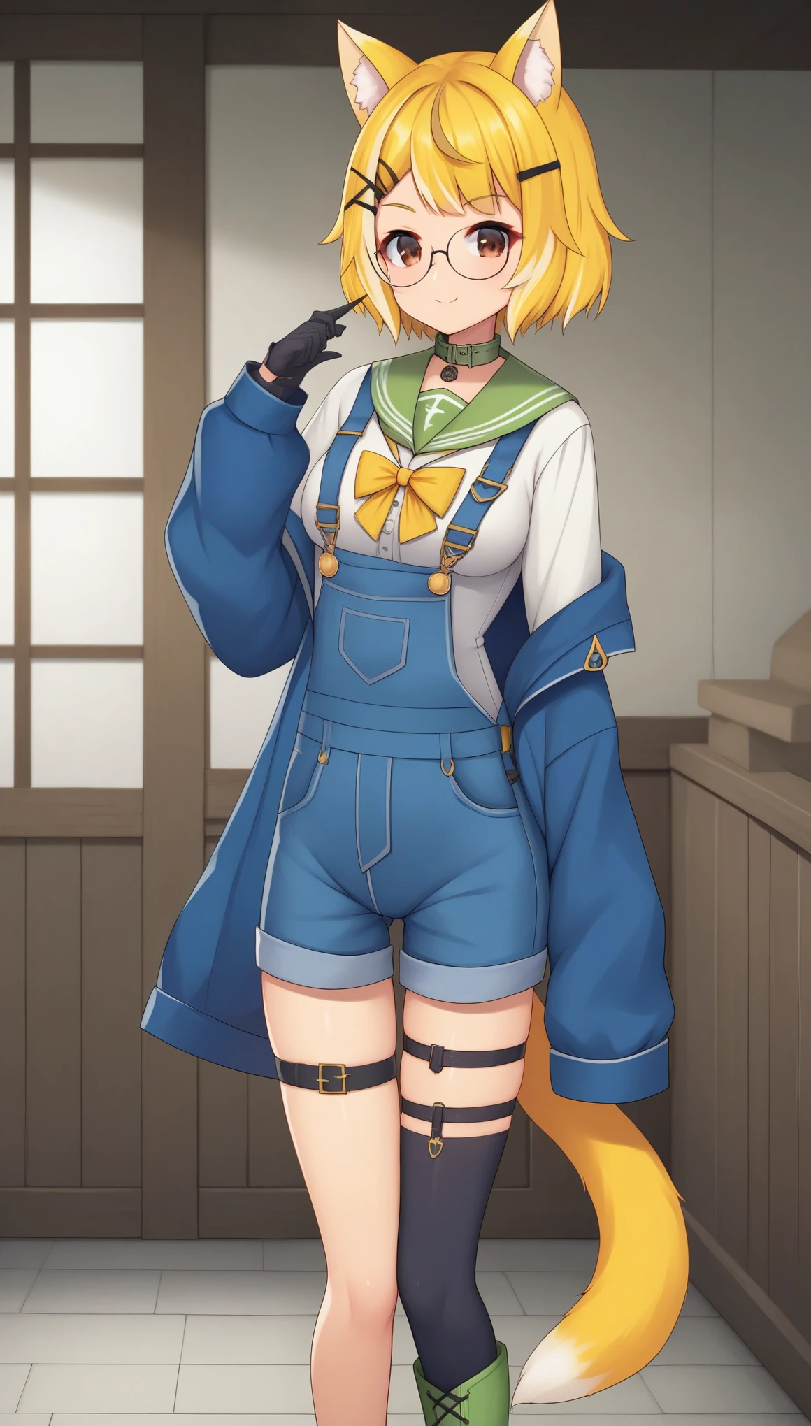 TriforceMoonVTXL, brown eyes, blonde hair, multicolored hair, short   hair, hair ornament, animal ears, glasses, medium breasts, off shoulder, blue jacket, sleeves past writs, serafuku, yellow bowtie, (green sailor collar), , (overalls:1.2), black gloves, short jean, tail, asymmetrical legwear, single thighhighs, boots,  solo, standing, looking at viewer, indoors