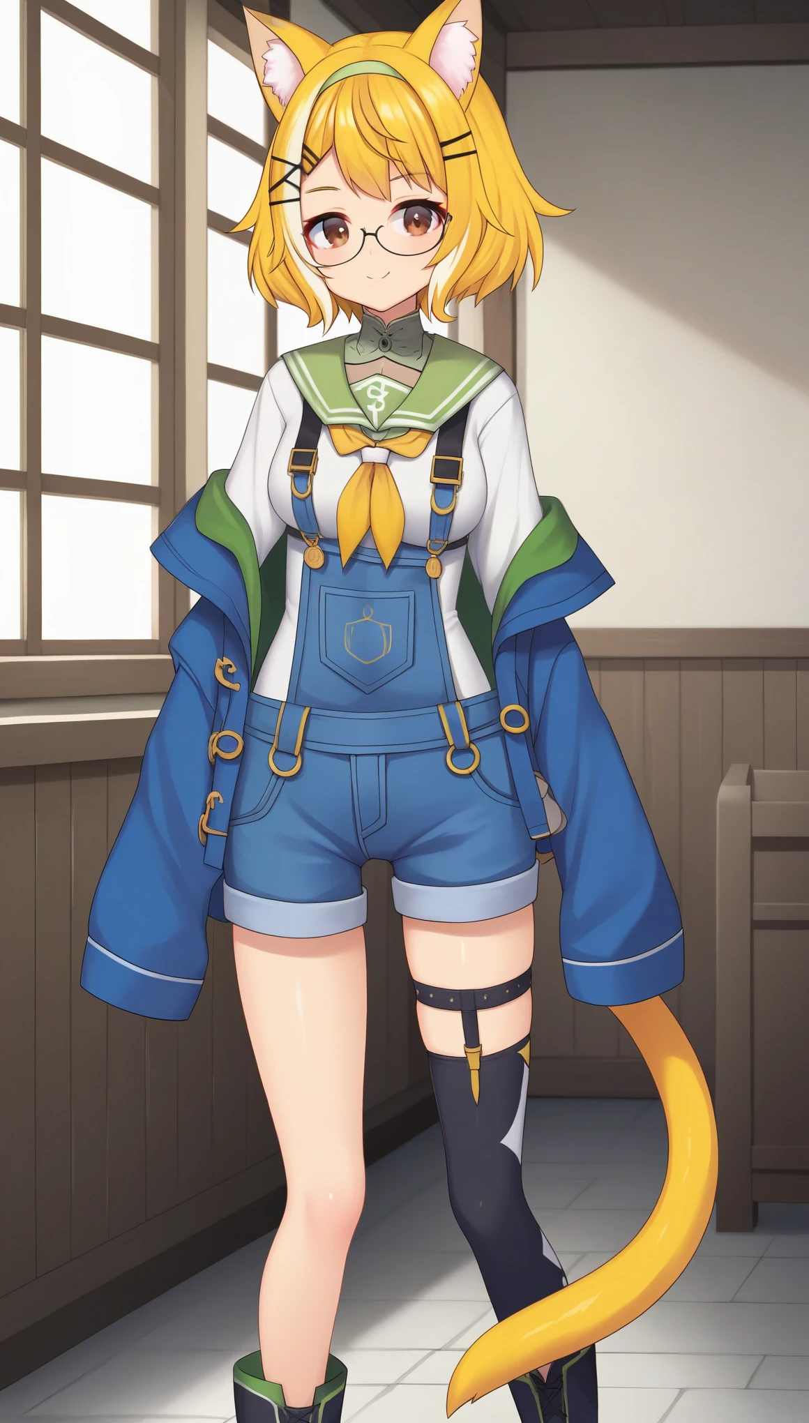 TriforceMoonVTXL, brown eyes, blonde hair, multicolored hair, short   hair, hair ornament, animal ears, glasses, medium breasts, off shoulder, blue jacket, sleeves past writs, serafuku, yellow bowtie, (green sailor collar), , (overalls:1.2), black gloves, short jean, tail, asymmetrical legwear, single thighhighs, boots,  solo, standing, looking at viewer, indoors