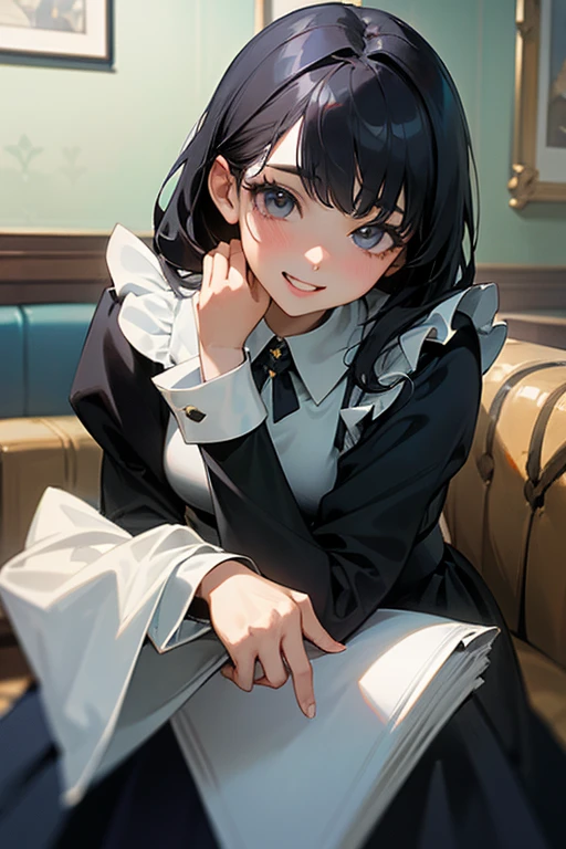 (Highest Resolution, clear_image) highest quality, Single person, One Woman, alone, masterpiece, Very detailed, Semi-realistic, Black Hairのショートヘア, Black Hair, bangs, 18-year-old, mature, light blue uniform, uniform, Indoor Background, kind, Authoritative, Powerful, exquisite features, exquisite features、Eyelashes become longer、Showing teeth、smile😀、Maid clothes、Woman&#39;s finger、