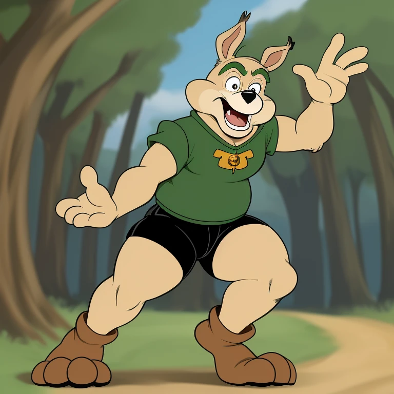 Hunter from Road Rovers, 1boy, male focus, furry, wearing black shorts, thick thighs, hind legs, messed up eyes, acting stupid,