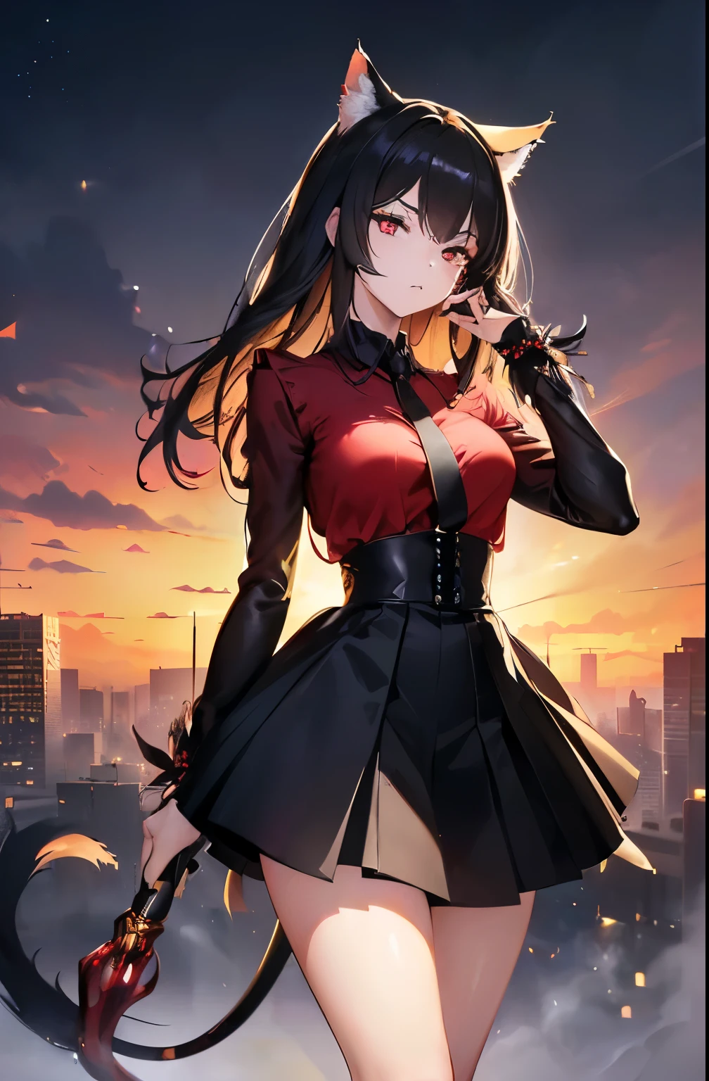 (Cat girl), (smoking), cat ears, black hair, business casual attire, cool, red dress shirt, pretty red eyes, cat tail, ((Crimson Red Eyes eyes: 1.3, Upturned Eyes: 1, Perfect Eyes, Beautiful Detailed Eyes, Gradient eyes: 1, Finely Detailed Beautiful Eyes: 1, Symmetrical Eyes: 1, Big Highlight On Eyes: 1.2)), (((Lustrous Skin: 1.5, Bright Skin: 1.5, Skin Fair, Shiny Skin, Very Shiny Skin, Shiny Body, Plastic Glitter Skin, Exaggerated Shiny Skin, Illuminated Skin))), (Detailed Body, (Detailed Face)), (((Skirt))), High Resolution, Sharp Focus, Ultra Detailed, Extremely Detailed, Extremely High Quality Artwork, (Realistic, Photorealistic: 1.37), 8k_Wallpaper, (Extremely Detailed CG 8k), (Very Fine 8K CG), ((Hyper Super Ultra Detailed Perfect Piece)), (((Flawless masterpiece))), Illustration, Vibrant Colors, (Intricate), High Contrast, Selective Lighting, Double Exposure, HDR (High Dynamic Range), Post-processing, Background Blur, (Sexy pose), (Mature woman), big sis