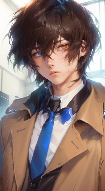 anime boy with brown hair and a tie wearing a trench coat, inspired by Okumura Masanobu, portrait of eren yeager, inspired by Okumura Togyu, his eyes are bleeding intense, inspired by Yamagata Hiro, tall anime guy with blue eyes, he is wearing a trenchcoat, eren yeager, anime handsome man