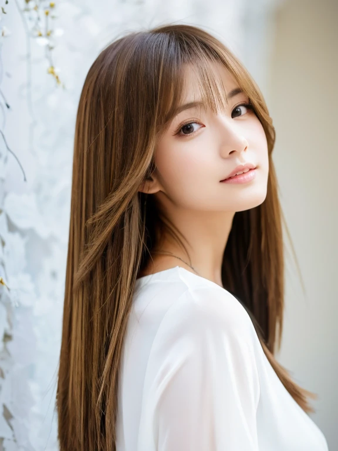 highest quality, 1. Beautiful Women, 28 years old, 35mm lens、Light brown hair color、Pure white background、Straight hair、Straight hair、Shiny Hair,Silky Hair、Casual Fashion、White clothes、Soft Light、Natural light、Sunlight coming in from the side、Attractive eyes、Standing in front of white wallpaper、Hairstyle、Salon model、Photos taken with a professional camera、Shoot with a generous angle of view