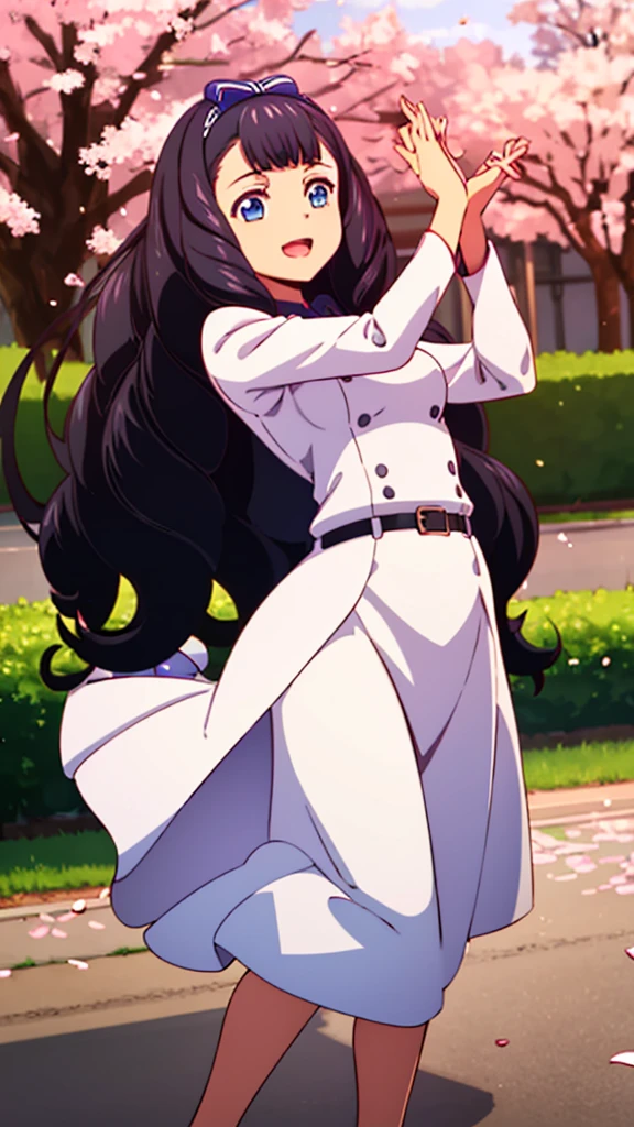 masterpiece, best quality, highres, 1girl, solo, helona_1, blue eyes, black hair,long hair,hair bow,hairband,very long hair, drill hair, bangs,small breasts, medium breast, large breast, happy, open mouth, dancing, outdoors, cherry blossom