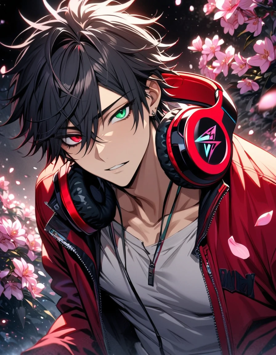 absurdres, highres, ultra detailed, HDR, master piece, best quality, extremely detailed face and eyes, Yamada Ichiro, chin length black hair, Hypnosis Mic, heterochromia, right eye is red, left eye is green, a white hoodie with two zippers, red varsity jacket, red headphones around his neck, solo, sexy man, toned chest, handsome, moon, pink fireflies, pink flowers, pink petals, ice