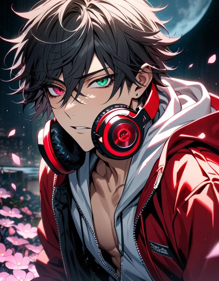 absurdres, highres, ultra detailed, HDR, master piece, best quality, extremely detailed face and eyes, Yamada Ichiro, chin length black hair, Hypnosis Mic, heterochromia, right eye is red, left eye is green, a white hoodie with two zippers, red varsity jacket, red headphones around his neck, solo, sexy man, toned chest, handsome, moon, pink fireflies, pink flowers, pink petals, ice
