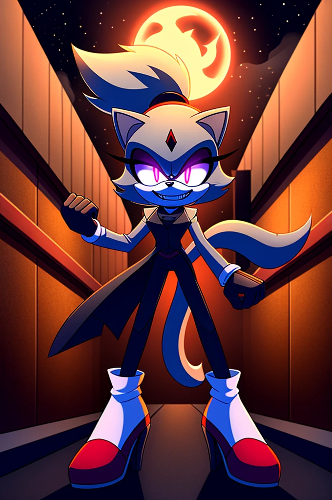 (((masterpiece))), High quality, studio quality, digital art, solo character, mobian, in the style of Sonic the Hedgehog, fluffy and wispy grey fur, female cat demon, intimidating height, tall character, very skinny legs, skinny body, ponytail that sticks straight up, wearing a plain grey coat with coattails, long coattails, white tights, black high heels, big evil grin, evil laughter, reveling in evil laughter, throwing head back, villainous stance, triumphant pose, long fluffy tail, long wispy tail, black eyes with red glowing pupils, smoky atmosphere, in the back of a dark city alleyway, nighttime, graphic novel style art