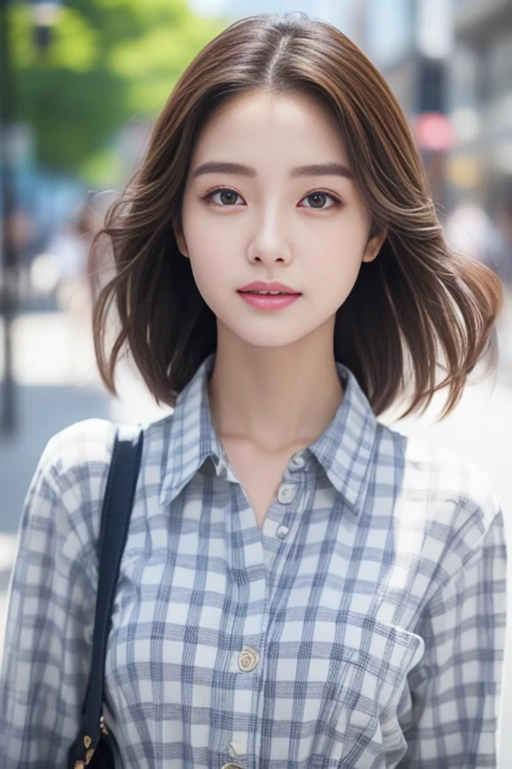 Denim pants、Gingham Check Shirt、pumps、Detailed face、Detailed lips、Detailed eyes、Glowing Skin、one person