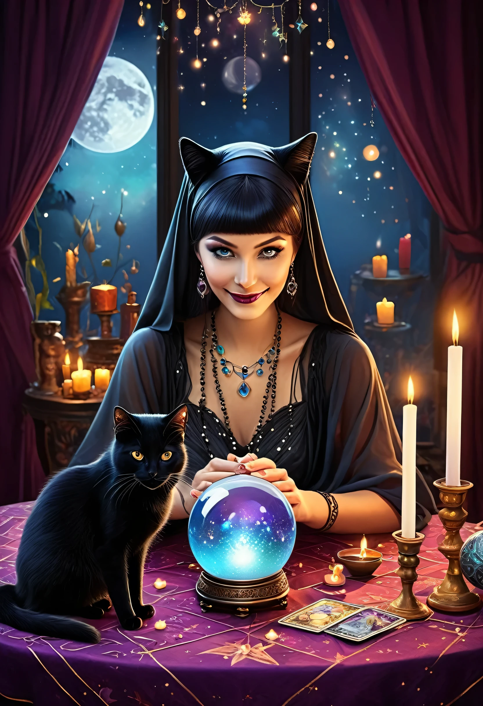 Image Type:Illustration Mysterious beautiful fortune teller doing tarot reading, Surrounded by flickering candles and a mysterious crystal ball, There is a black cat nearby., A peek into the future with a mischievous smile.