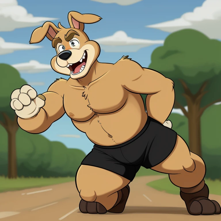 Hunter from Road Rovers, 1boy, male focus, furry, wearing black shorts, thick thighs, hind legs, messed up eyes, acting stupid,