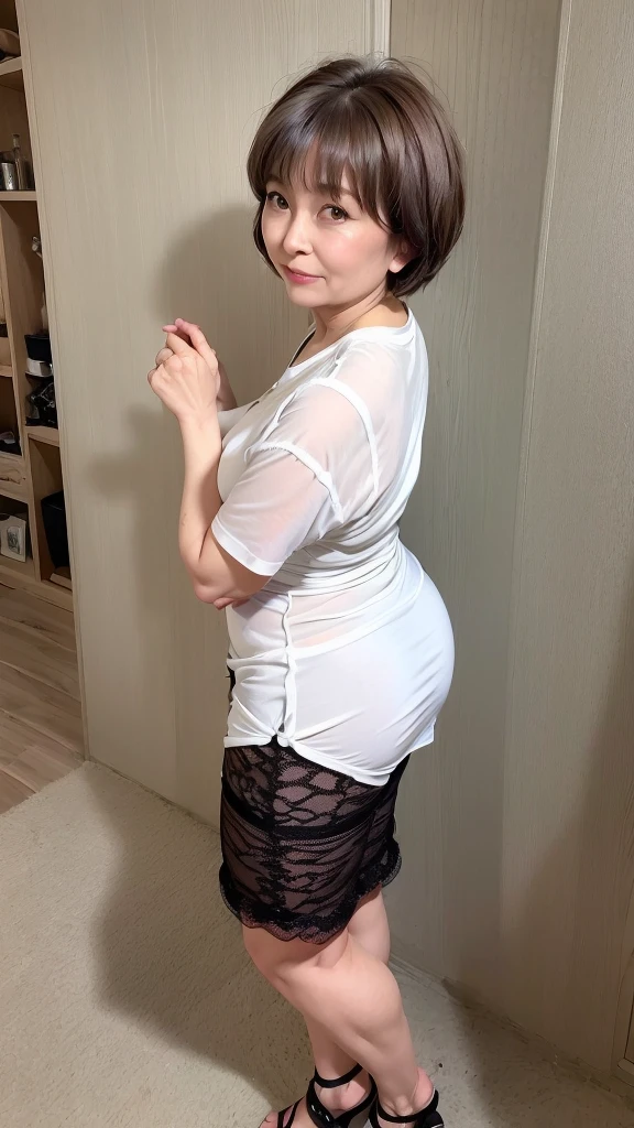 (highest quality、masterpiece、detailed、High resolution、8K、Photorealistic、Sharp focus、High-level image quality)
(Plain background、Professional Lighting、非常にdetailedな、Depth of written boundary)
(Mature Woman、65 years old、Japanese、Beauty、housewife、Aunt、Elegant、美Mature Woman)、
(Full body image、Turn around、look back、Stick your butt out、looking at the camera、Staring at the audience)、
(Big Breasts、K-Cup Bust、Large areola、Erect nipples、,、Huge Ass、Thick thighs、Loose body、Voluptuous body、Thick upper arms)、
(Perfect beautiful face、round face、Small face、Sharp jaw、Big Nose、Slit eyes、Cat-like eyes、Dimples、Wrinkles at the corners of the eyes、Dark circles in the eyes、Clear double eyelids、Nasolabial folds)、
(Anxious expression、A stern glare)、
(White T-shirt、White lace thong shorts、Tight Wear、Made from cotton)、
(Very Short Hair、Light brown、Perm Wave Hair、Lift your bangs to show your forehead)、
(Exposed Skin、Bra and panties are visible、I can see the crack of your ass)、