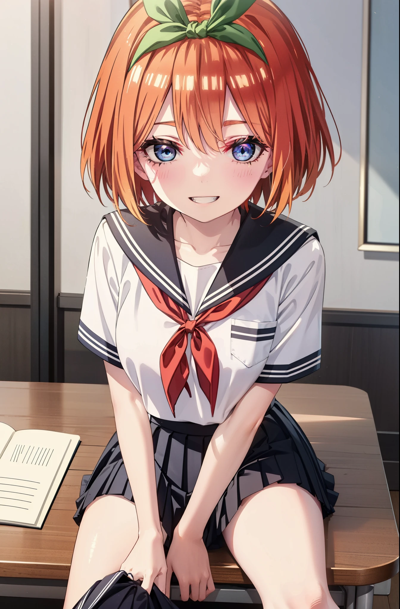 yotsubanakano, yotsuba nakano, bangs, short hair, blue eyes, Hair between the eyes, hair ribbon, hair band, Orange Hair, (Red ribbon:1.5), smile, Grin,Big Breasts,Japanese schoolgirl(Black Sailor Suit),Short sleeve,Black pleated skirt,White tights,Brown Loafers,Daytime,Clear skies,Sitting at a desk,whole bodyがイラストに入るように,Looking down from above,
break indoors, School,Big Breasts,
break looking at viewer, whole body,
break (masterpiece:1.2), highest quality, High resolution, unity 8k wallpaper, (shape:0.8), (Beautiful details:1.6), Highly detailed face, Perfect lighting, Extremely detailed CG, (Perfect hands, Perfect Anatomy),