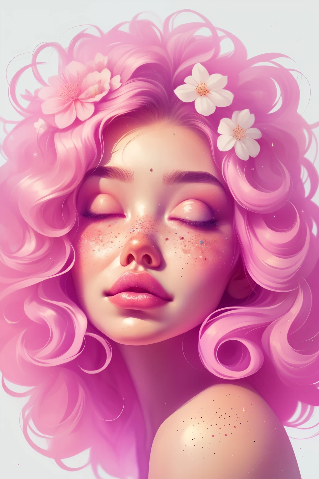 (This is a beautiful rainbow fantasy image that feels interesting and emphasizes glitter and iridescence.) Generate a ((blind)) curvy woman with colorful curly hair and milky white eyes. Her face is important and is perfectly formed with puffy lips and perfect features. (Her eyes are critically important and are (blank) and (solid white)). The image exudes ethereal beauty and soft fantasy. Include sweet and detailed birds and soft, luminous flowers in all the colors of the rainbow. The image's background is decorated in shades of pink, shimmer, glitter, and fantasy details like colored bubbles and cosmos. Utilize dynamic composition to create a compelling and action-packed image. Dramatic lighting and cinematic lighting enhance the woman's beauty and the soft colors in the artwork. (((((Perspective: head on.))))) Include fantasy, cute, colorful, colourful, interesting magic background, ((((blank eyes)))), ((((empty white eyes)))), (shirome eyes:1.3), (smirking), (perfectly rendered solid whiteeyes), ((birthmark on lip)), ((pretty lips)), beautiful background, complex background, sweet background, (((rainbow))), subtle freckles, natural freckles 