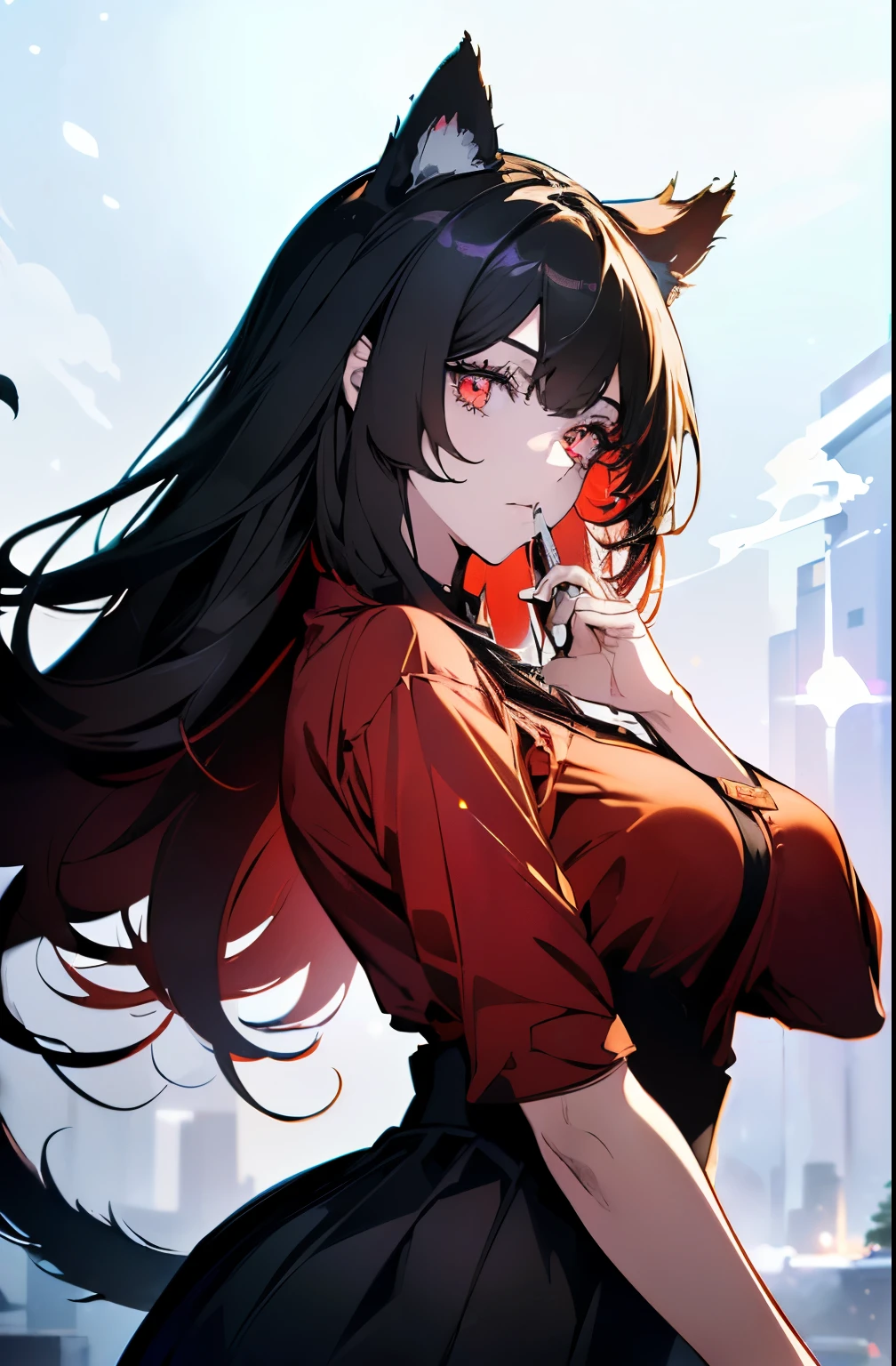 (Cat girl), (smoking), cat ears, black hair, business casual attire, cool, red dress shirt, pretty red eyes, cat tail, ((Crimson Red Eyes eyes: 1.3, Upturned Eyes: 1, Perfect Eyes, Beautiful Detailed Eyes, Gradient eyes: 1, Finely Detailed Beautiful Eyes: 1, Symmetrical Eyes: 1, Big Highlight On Eyes: 1.2)), (((Lustrous Skin: 1.5, Bright Skin: 1.5, Skin Fair, Shiny Skin, Very Shiny Skin, Shiny Body, Plastic Glitter Skin, Exaggerated Shiny Skin, Illuminated Skin))), (Detailed Body, (Detailed Face)), (((Skirt))), High Resolution, Sharp Focus, Ultra Detailed, Extremely Detailed, Extremely High Quality Artwork, (Realistic, Photorealistic: 1.37), 8k_Wallpaper, (Extremely Detailed CG 8k), (Very Fine 8K CG), ((Hyper Super Ultra Detailed Perfect Piece)), (((Flawless masterpiece))), Illustration, Vibrant Colors, (Intricate), High Contrast, Selective Lighting, Double Exposure, HDR (High Dynamic Range), Post-processing, Background Blur, (Sexy pose), (Mature woman), big sis